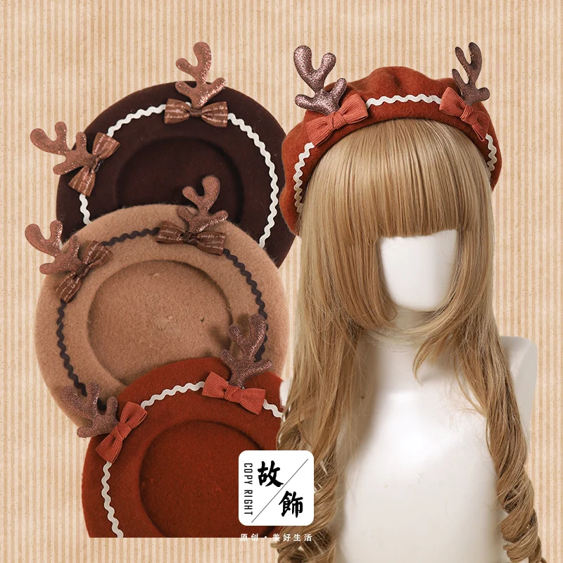 

Japanese Autumn Winter Girl Dome Cap Cute Kawaii Soft Sister Antlers Bowknot Christmas Beret Wool Painter Hat Women