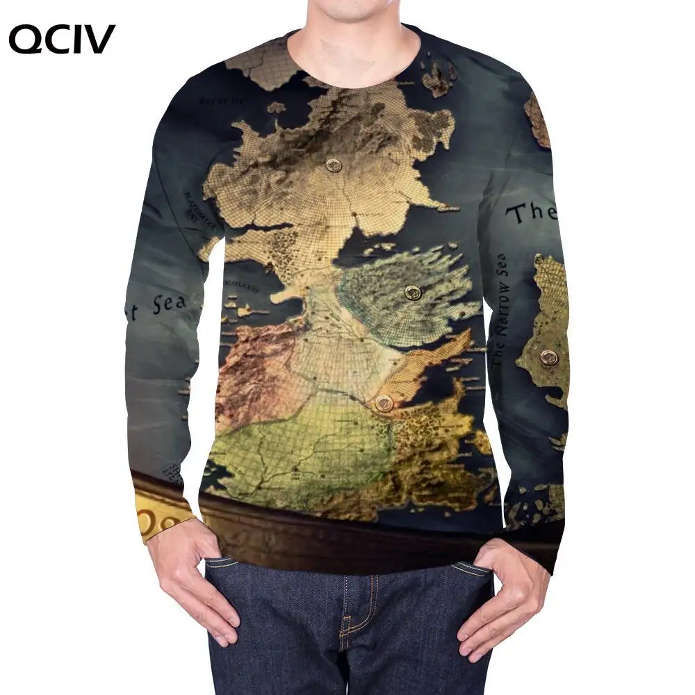 

QCIV брендовая карта мира ранняя Ретро рубашка с длинным рукавом графика панк Рок искусство Футболка мужская одежда новая уличная одежда