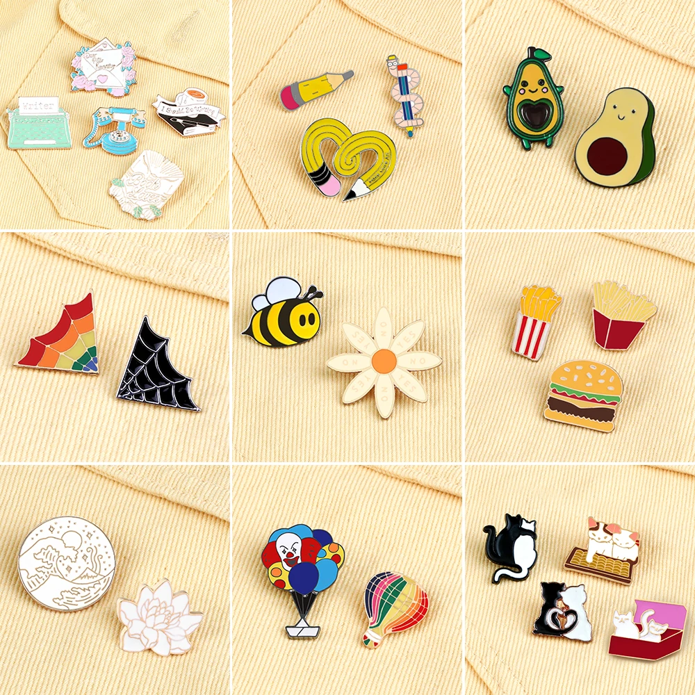 

2-5Pcs/Lot Cute Enamel Pins Cute Bee Hot Air Balloon Hamburger Brooches Fashion Coat Lapel Pin Badges Jewelry Gift for Friend