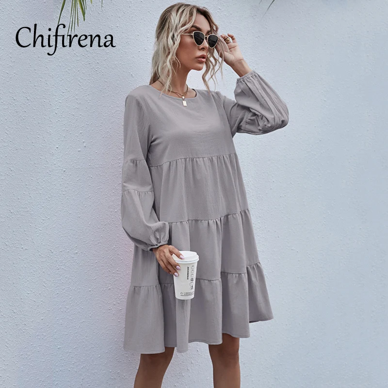 Chifirena O Neck Solid Basic Midi Dress Women Lantern Sleeve Pleated Loose Cotton Blend Dresses Female Swing Streetwear Vestidos
Chifirena O Neck Solid Basic Midi Dress Women Lantern Sleeve Pleated Loose Cotton Blend Dresses Female Swing Streetwear Vestidos