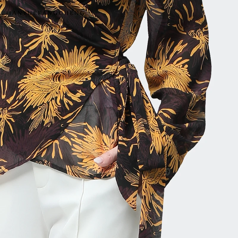 Chrysanthemum Printed Women Chiffon Blouse Crossed V Neck Long Sleeve Spring Summer Top With Belt Elegant Slim Ladies Blouses 
Chrysanthemum Printed Women Chiffon Blouse Crossed V Neck Long Sleeve Spring Summer Top With Belt Elegant Slim Ladies Blouses