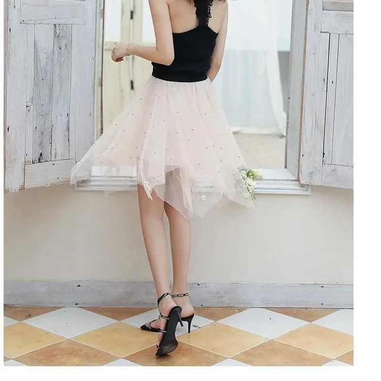 Pin bead gauze skirt irregular skirt for women 
Pin bead gauze skirt irregular skirt for women