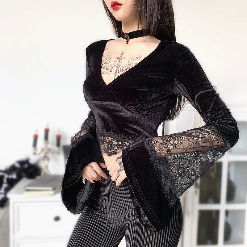 Fashion Woman Blouses Goth Style V Neck Flare Sleeve Chic Lace Velvet Women's T-Shirt Top Women Crop Top Woman's Clothing SL070
Fashion Woman Blouses Goth Style V Neck Flare Sleeve Chic Lace Velvet Women's T-Shirt Top Women Crop Top Woman's Clothing SL070