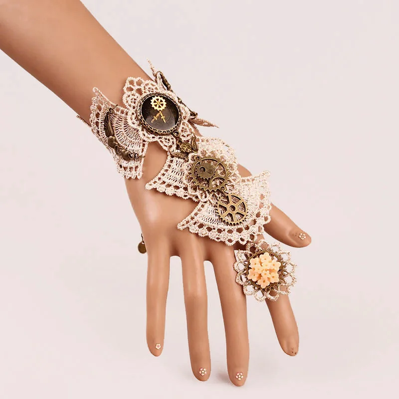 

Steam Punk Beige Floral Bracelet Bangle Rings Wrist Finger Gloves Connected Jewelry Accessories For Death Rock Nu Goth Stage