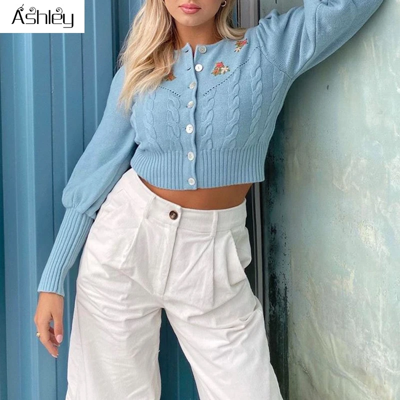 Ashley Causal blue autumn winter short women cardigan Elegant flower split puff sleeve sweater Fashion female knitted sweater
Ashley Causal blue autumn winter short women cardigan Elegant flower split puff sleeve sweater Fashion female knitted sweater