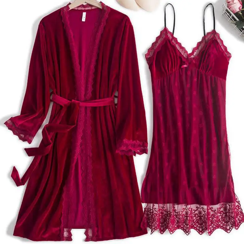 Autumn Women Robe Set Velour Nighty&Robe Set Sexy Lace Sleep Set V-neck 2PCS Sleepwear Velvet Bathrobe Gown Home Clothing
Autumn Women Robe Set Velour Nighty&Robe Set Sexy Lace Sleep Set V-neck 2PCS Sleepwear Velvet Bathrobe Gown Home Clothing