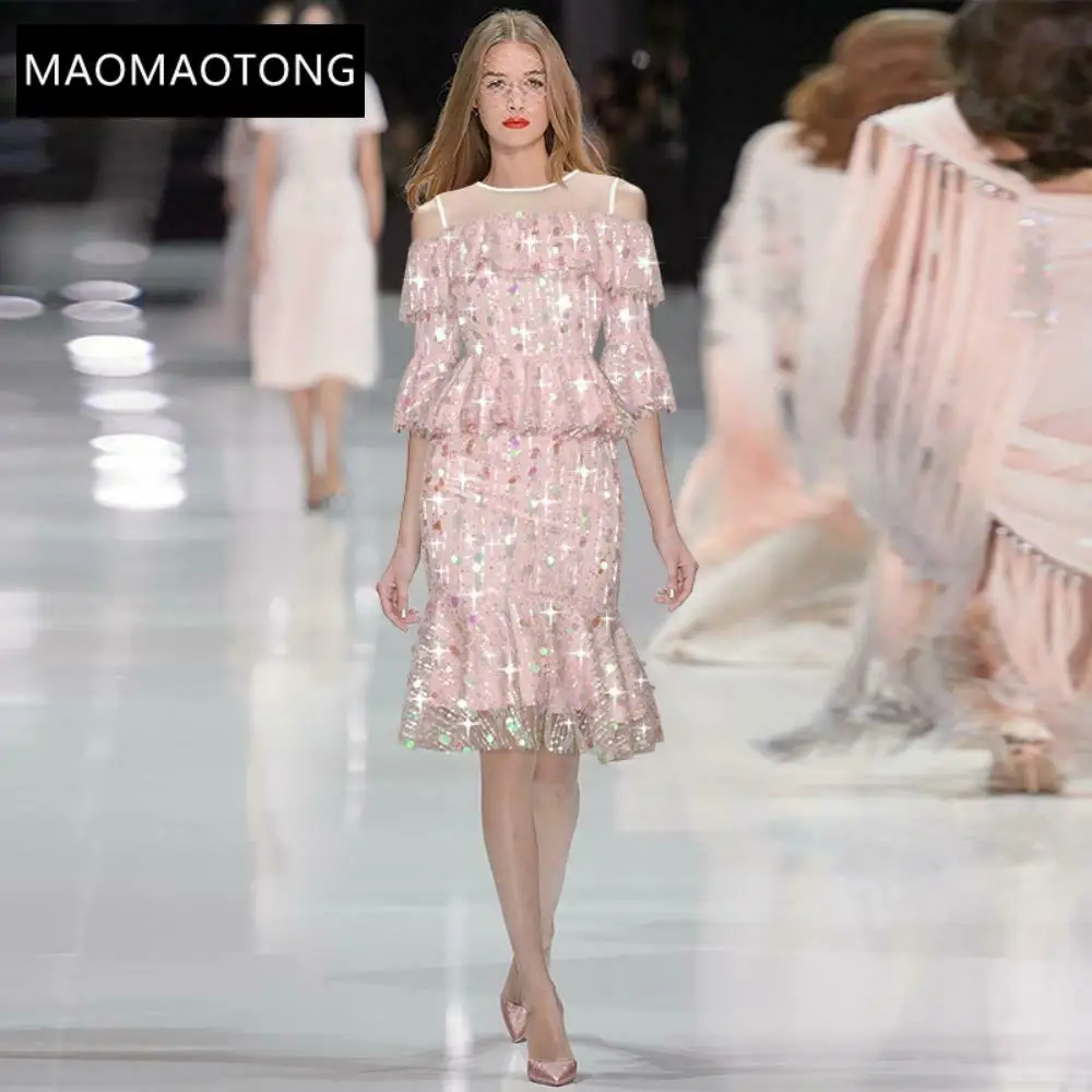 Designer Summer Party Pink Tiered Mesh Dress Women's Fashion Flare Sleeve Sequins Embroidery Sexy Off Shoulder Mermaid
Designer Summer Party Pink Tiered Mesh Dress Women's Fashion Flare Sleeve Sequins Embroidery Sexy Off Shoulder Mermaid