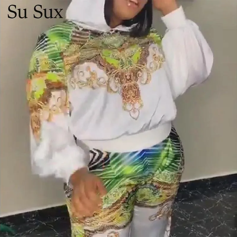 Casual Print Two Piece Set Women Hooded Suit Plus Size 2 Piece Set Long Sleeve Hooded Top&Long Pants Set African Clothes 2020
Casual Print Two Piece Set Women Hooded Suit Plus Size 2 Piece Set Long Sleeve Hooded Top&Long Pants Set African Clothes 2020