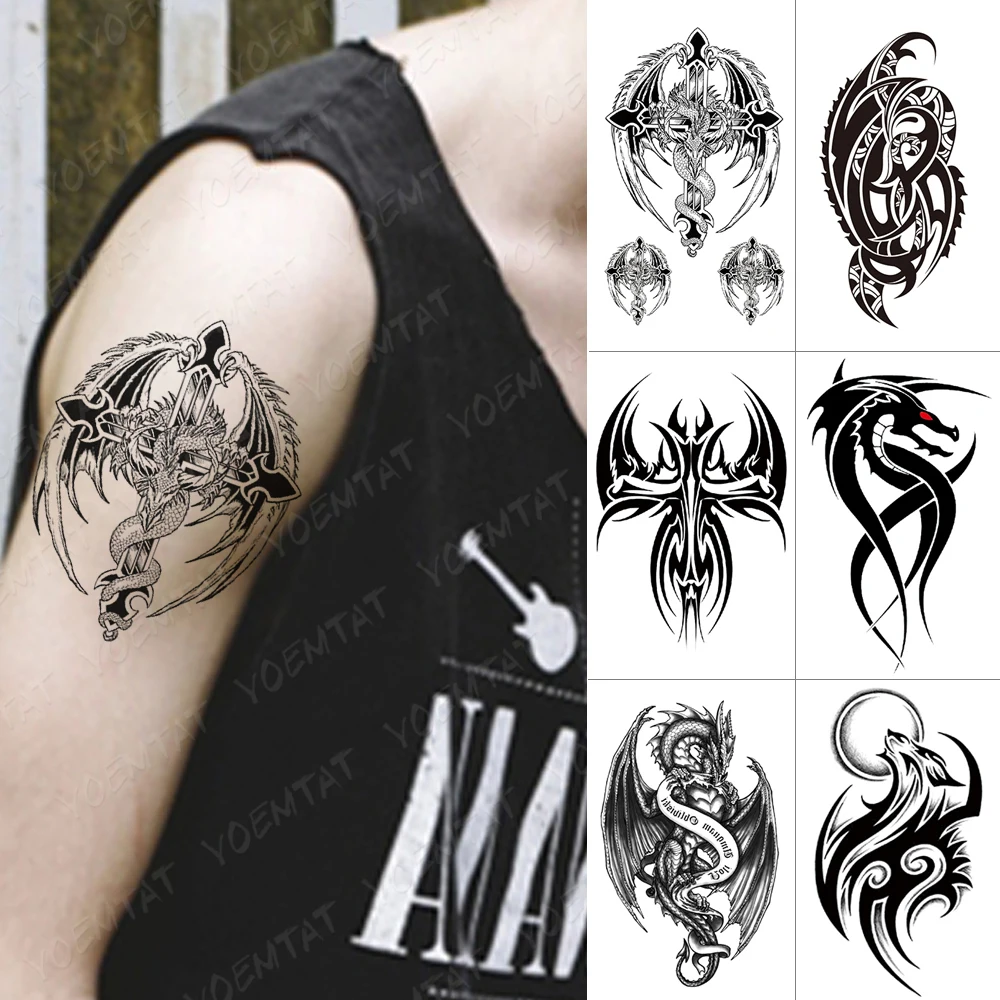 

Водостойкая Временная тату-наклейка, крылатые перья дракона, перекрестные татуировки, волк, тотем, боди-арт, искусственная татуировка на ру...
