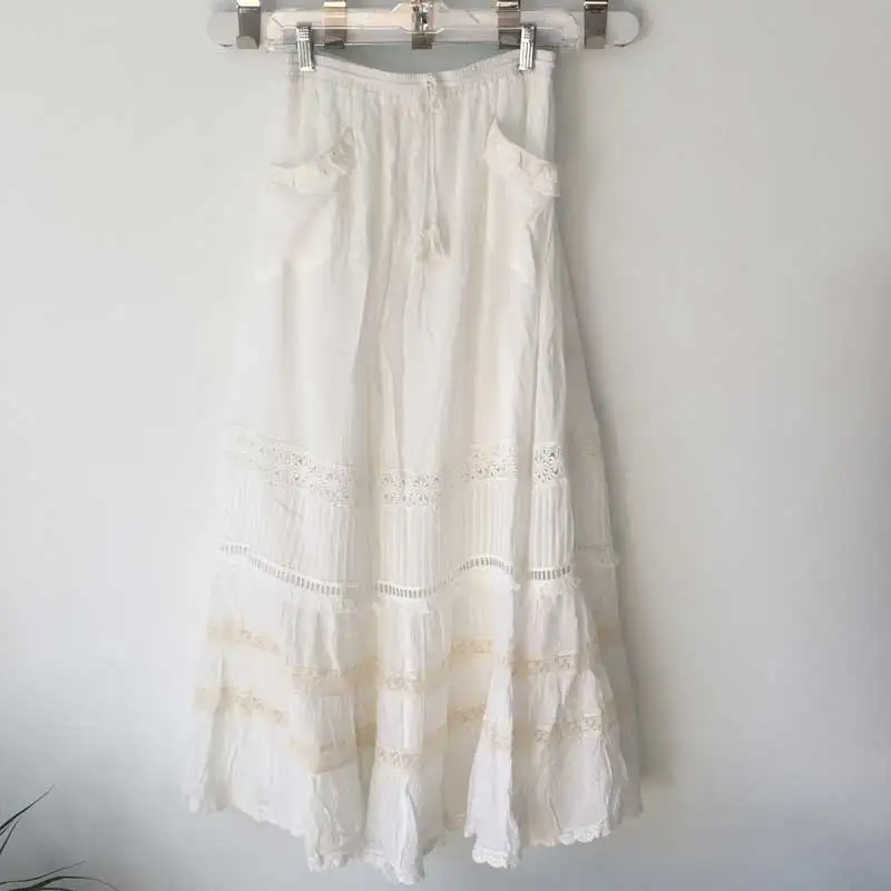 

Boho Inspired Women's White Maxi Skirt patch pockets tassel tied skirts women corchet insert cotton casual chic long skirts 2020