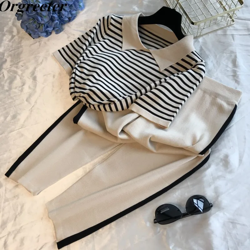 Knitted Short Sleeve 2 Piece Set Women Summer 2020 New Knitted Striped Lapel Pullover Tops +Stretch Waist Ankle-Length Pants Set
Knitted Short Sleeve 2 Piece Set Women Summer 2020 New Knitted Striped Lapel Pullover Tops +Stretch Waist Ankle-Length Pants Set