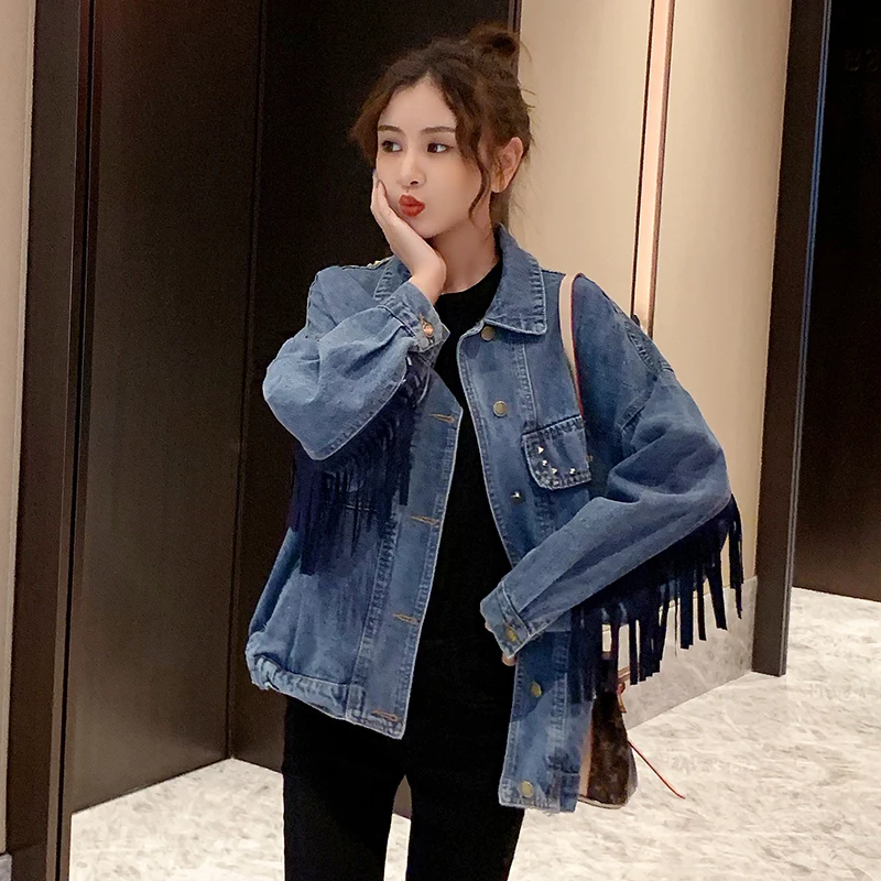 Fashion Denim Jacket Women 2020 Spring Autumn New Loose Embroidery Rear Back Tassel Beading Vintage Jeans Tops G092 | Женская одежда