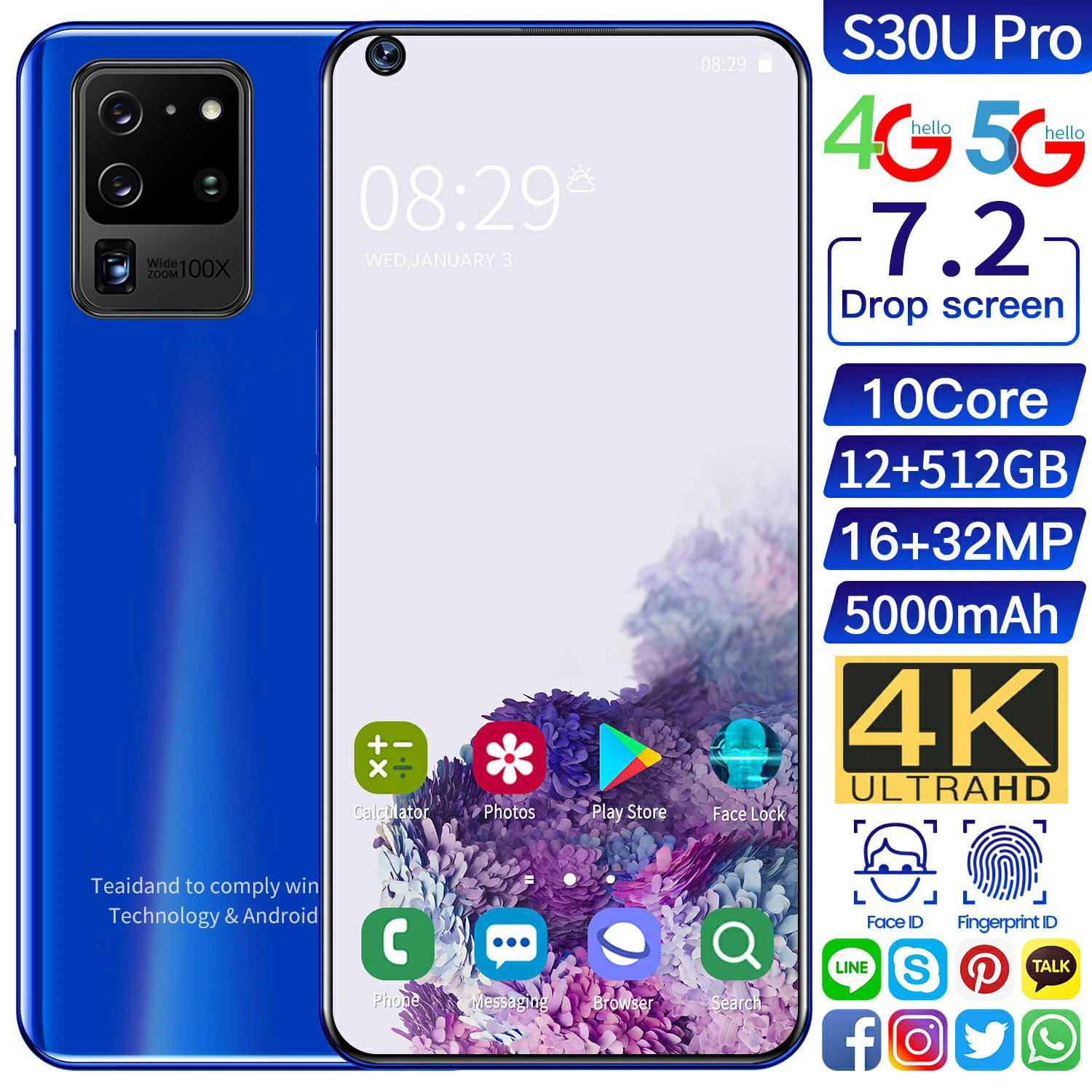 Global Version 7.2Inch Smartphone S30U Pro Sansumg 10Core 5000mAh Mobile Phone Dual SIM Android10.0 Face Unlock Cellphone 
Global Version 7.2Inch Smartphone S30U Pro Sansumg 10Core 5000mAh Mobile Phone Dual SIM Android10.0 Face Unlock Cellphone