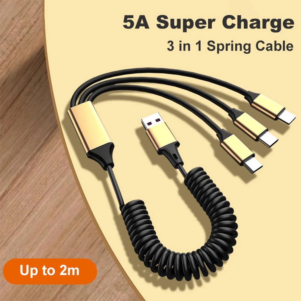 5A Type C Micro USB Cable Spring Gold Plated Anti Oxidation Fast Charging Cord for iPhone Xiaomi Huawei 3 In 1 Car Charge Cable
5A Type C Micro USB Cable Spring Gold Plated Anti Oxidation Fast Charging Cord for iPhone Xiaomi Huawei 3 In 1 Car Charge Cable