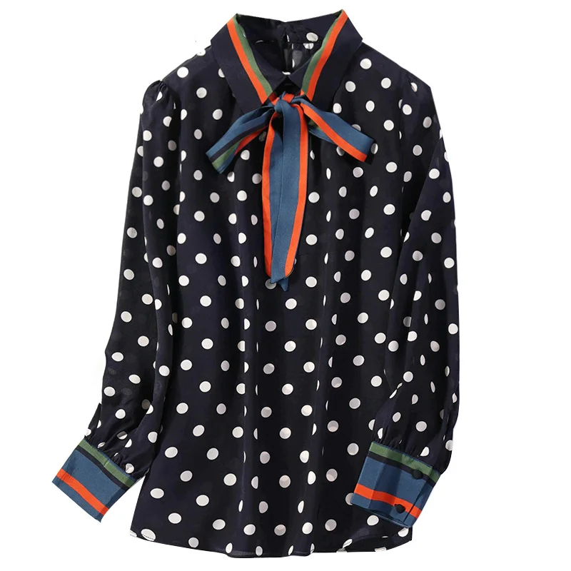 Wome 100% Mulberry Silk Crepe Silk Dots printed Bow-tied Neck Buttons down long sleeve shirt Top Blouse office work JT049
Wome 100% Mulberry Silk Crepe Silk Dots printed Bow-tied Neck Buttons down long sleeve shirt Top Blouse office work JT049