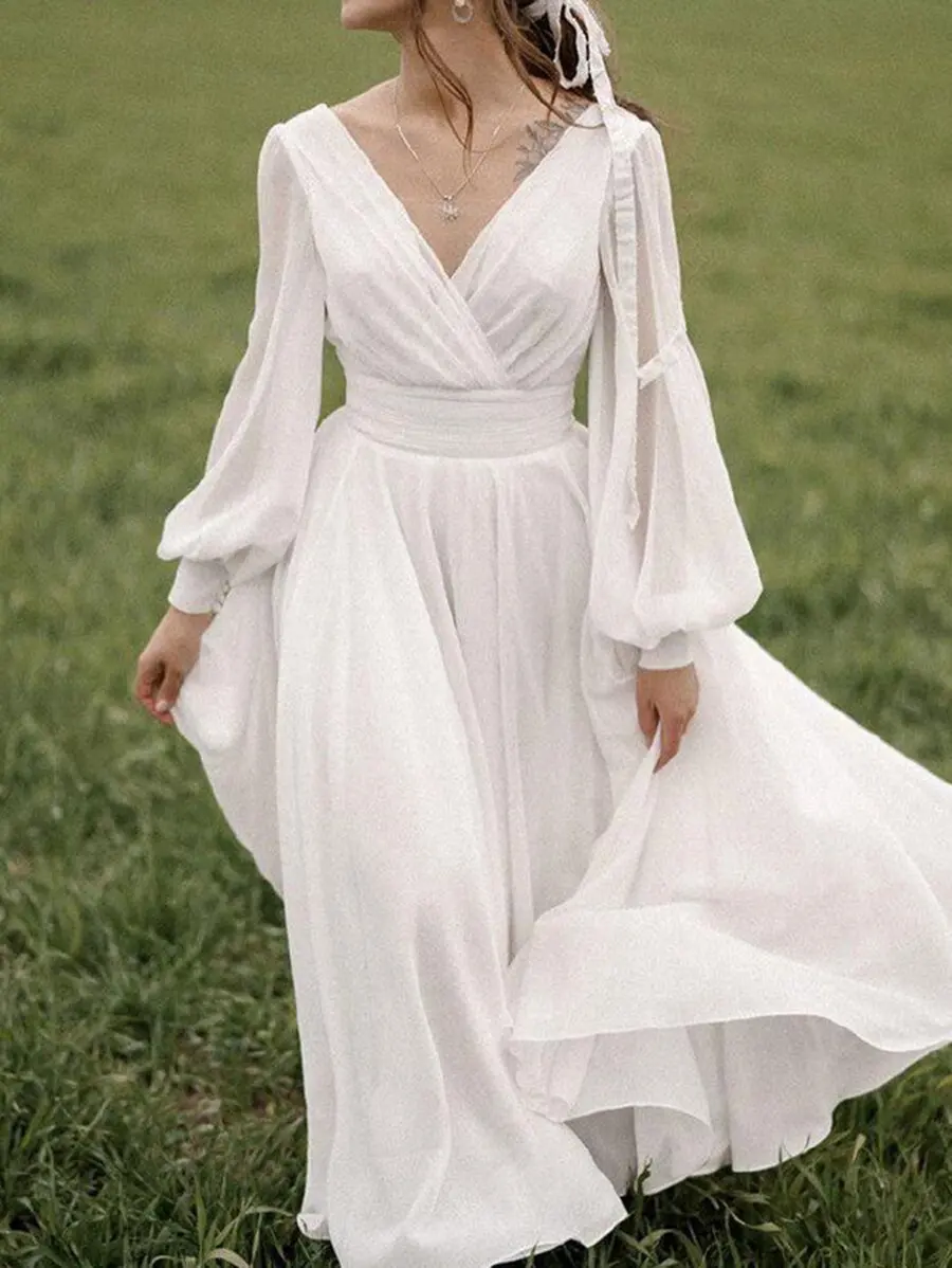 Fashion Womens Dress Elegant Pure White Long Sleeve V-neck Backless Swing Party Dresses Women Evening
Fashion Womens Dress Elegant Pure White Long Sleeve V-neck Backless Swing Party Dresses Women Evening