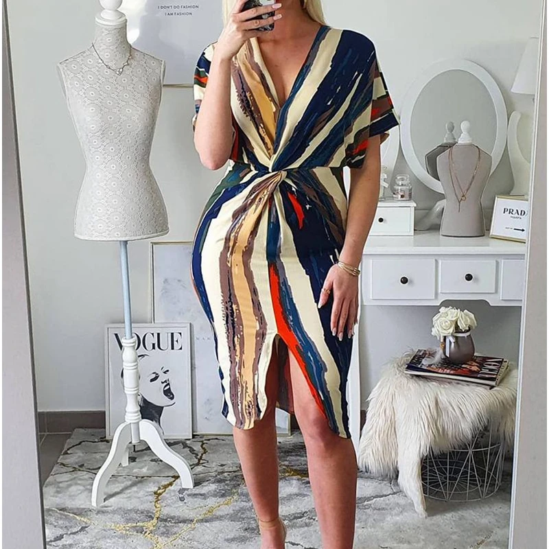 Mandylandy Color Striped Printed Bodycon Dress Shorts Sleeve Summer V-neck Twist Dress High Waist Slim Fits Sheath Beach Dress
Mandylandy Color Striped Printed Bodycon Dress Shorts Sleeve Summer V-neck Twist Dress High Waist Slim Fits Sheath Beach Dress