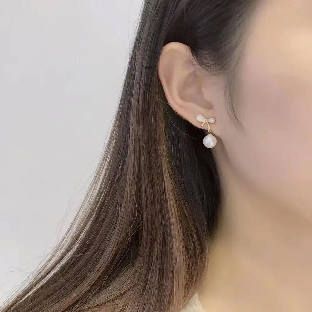 MADALENA SARARA 8-9mm Freshwater Pearl Women Earrings 18K Gold Bow-knot Dangle Style Au750 Earrings