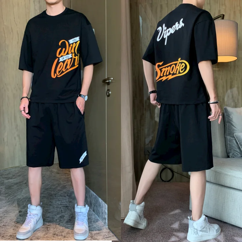 Men's short sleeve T-shirt 2021 summer new leisure sports two-piece suit trend handsome one set of trendy brand men's wear 
Men's short sleeve T-shirt 2021 summer new leisure sports two-piece suit trend handsome one set of trendy brand men's wear
