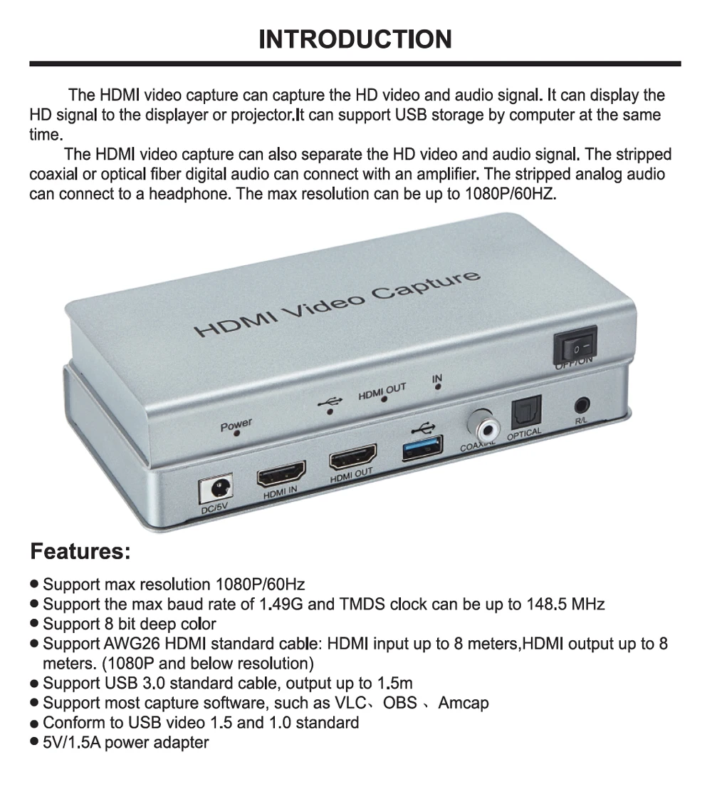 HDMI Video Capture Card USB 3.0 Tarjeta De Video Recorder Box 1080P 60Hz Capture HD Video Audio Coaxial Fiber Digital Converter
HDMI Video Capture Card USB 3.0 Tarjeta De Video Recorder Box 1080P 60Hz Capture HD Video Audio Coaxial Fiber Digital Converter