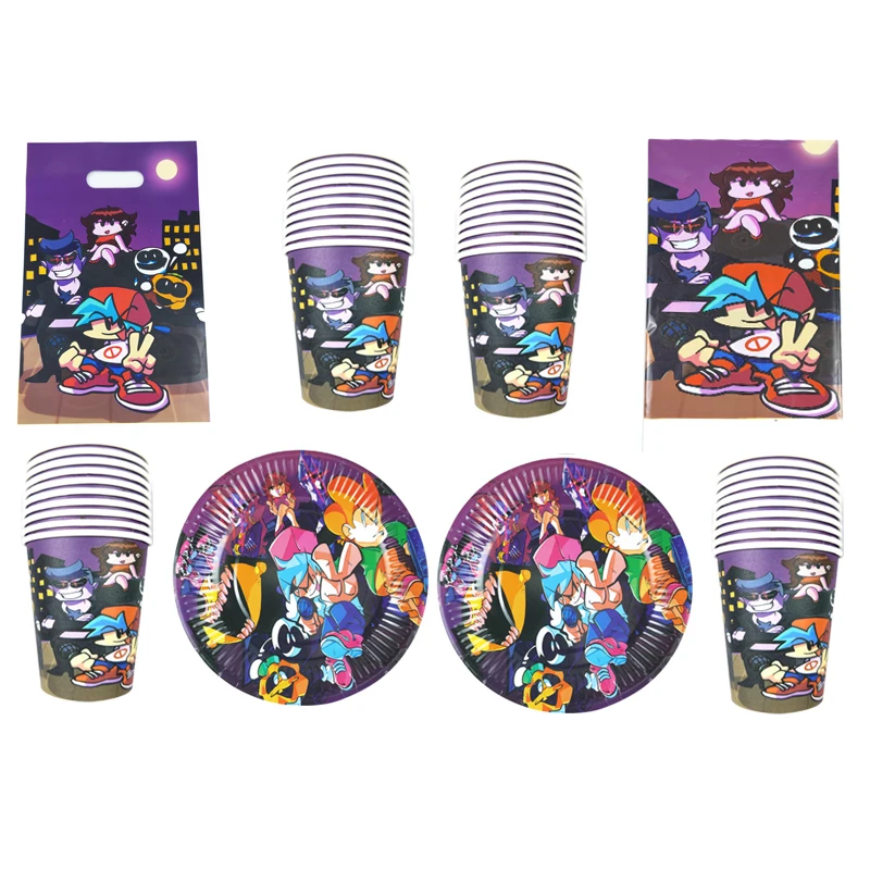 

61pcs/lot Kids Favors Friday Night Funkin Theme Table Cover Birthday Party Plates Cups Decoration Loot Gifts Bag Tablecloth