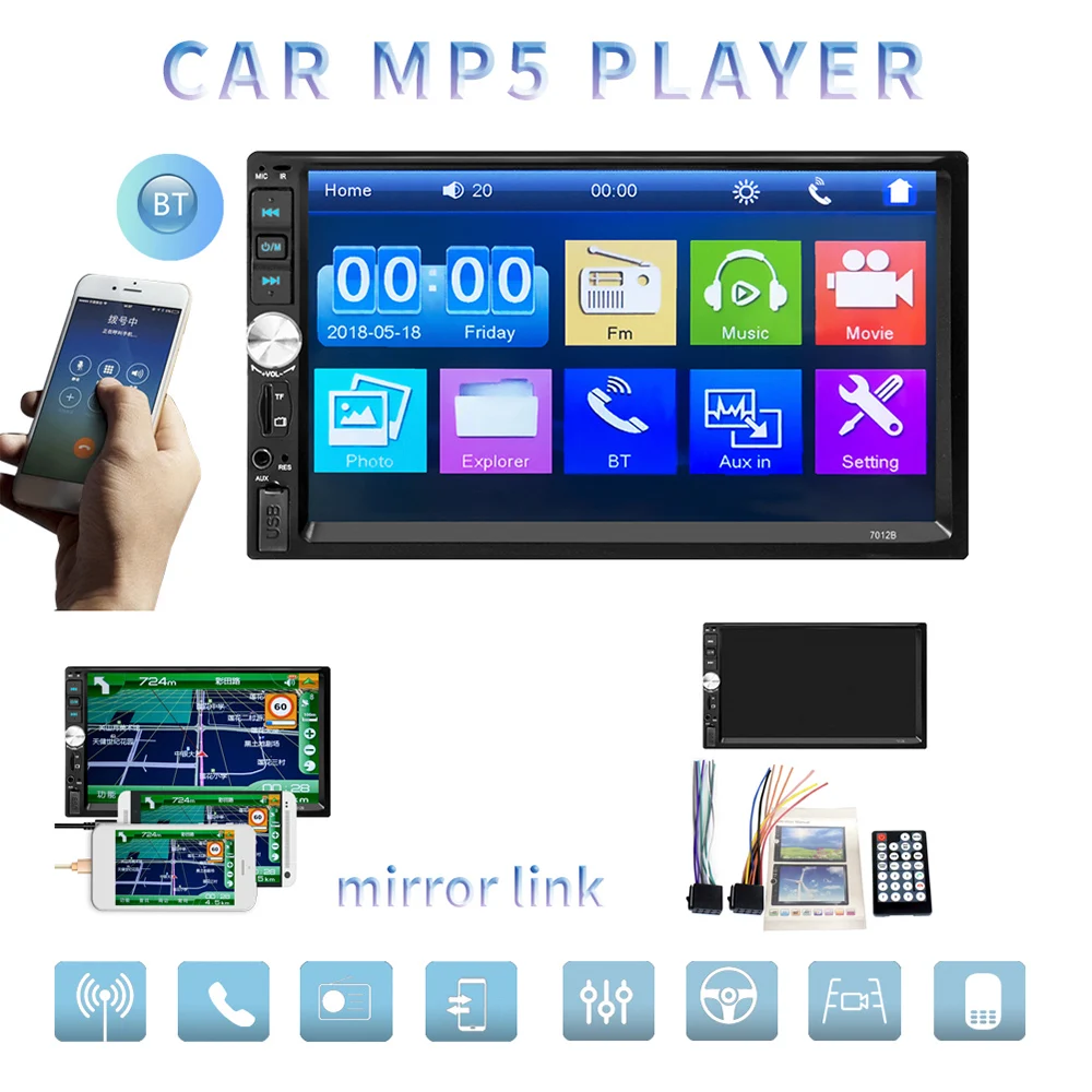 

Автомагнитола 2 Din с сенсорным экраном 7 дюймов, мультимедийный плеер HD, стерео MP5, Bluetooth, USB, TF, FM, с камерой