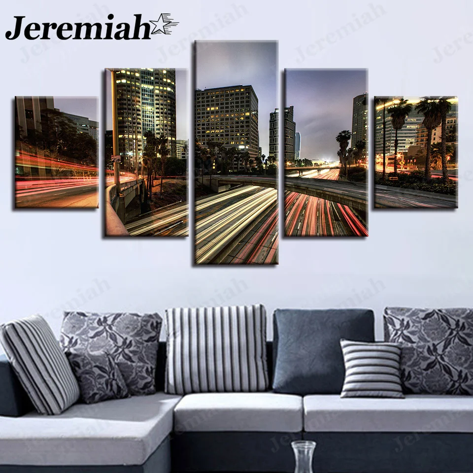 

Modern City Architecture Painting Wall Art Brightly Lit Canvas Poster High-Definition Printing 5 Pieces of Home Decoration