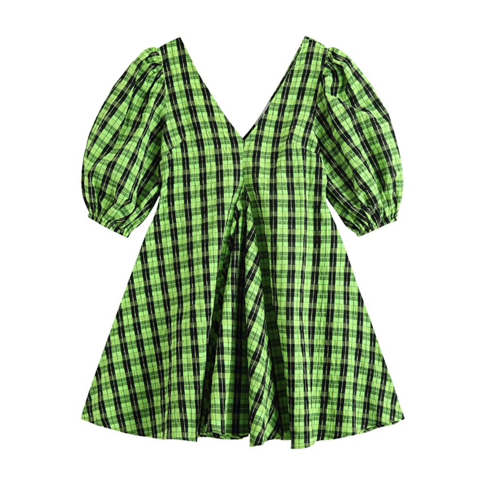 Women Retro Green Plaid Puff Sleeve V Neck Cotton Dress 2021 Summer Female New Temperament Korean Style High Waist A Line Dress
Women Retro Green Plaid Puff Sleeve V Neck Cotton Dress 2021 Summer Female New Temperament Korean Style High Waist A Line Dress