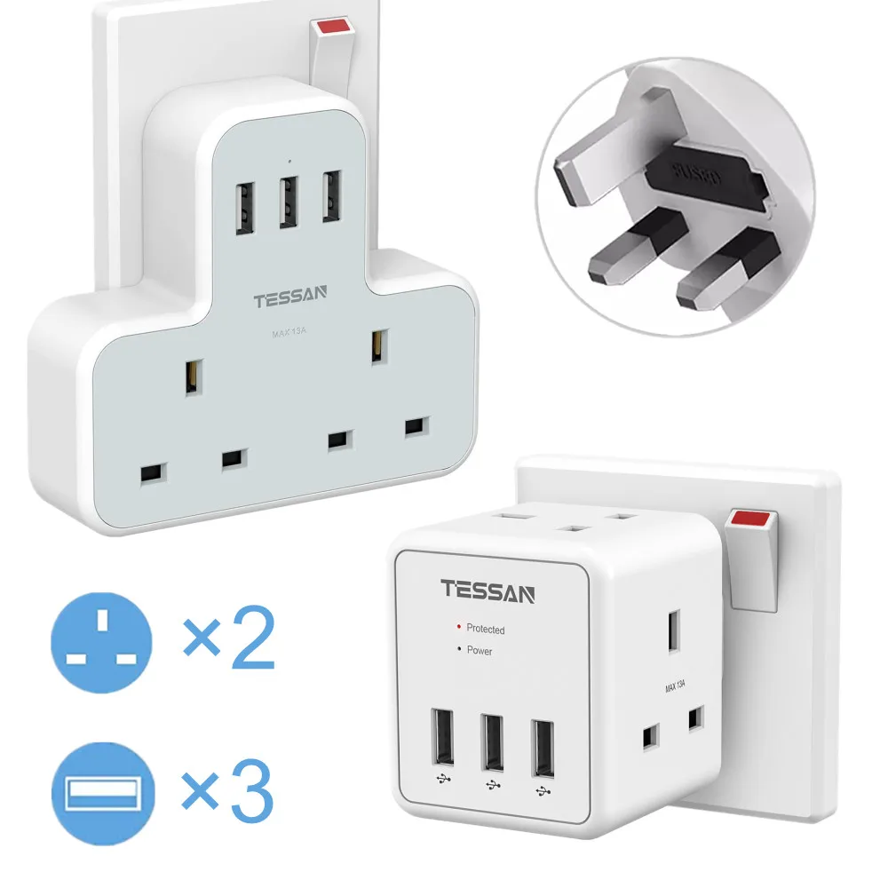 TESSAN UK Wall USB Socket Power Strip Surge Protector With 3 USB Ports and 2 Way Outlets UK Plug Multiple Socket Charger Adapter
TESSAN UK Wall USB Socket Power Strip Surge Protector With 3 USB Ports and 2 Way Outlets UK Plug Multiple Socket Charger Adapter