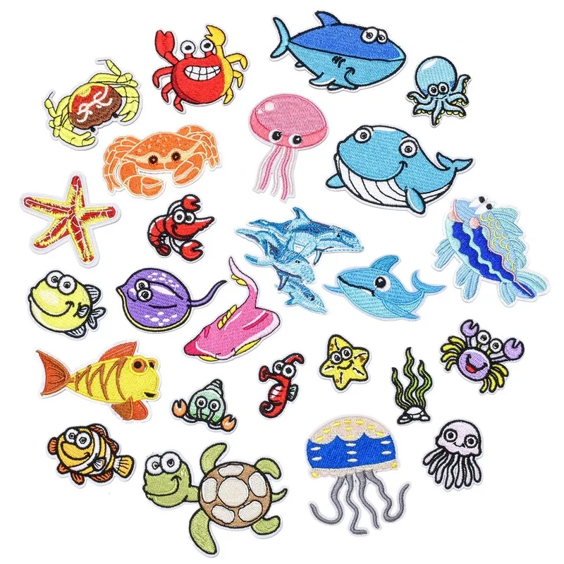 

50pcs/lot Luxury Anime Embroidery Patch Sea Animal Whale Dolphin Starfish Weed Shirt Bag Clothing Decoration Crafts Diy Applique