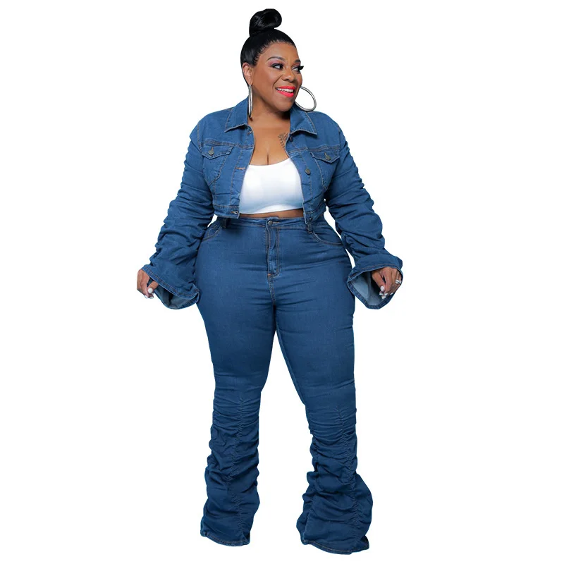 Denim Plus Size Two Piece Set Women Tracksuit Full Sleeve Turn Down Collar Crop Top Long Pants Suits Pleated Large Size Outfits
Denim Plus Size Two Piece Set Women Tracksuit Full Sleeve Turn Down Collar Crop Top Long Pants Suits Pleated Large Size Outfits
