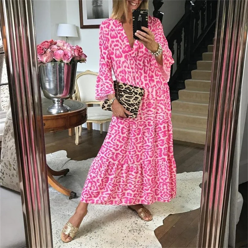 

Summer Leopard Dresses Women Boho Beach Cover Up Maxi Dress Bell Sleeve Flowy Swing Shift V-Neck Loose Long Sundress