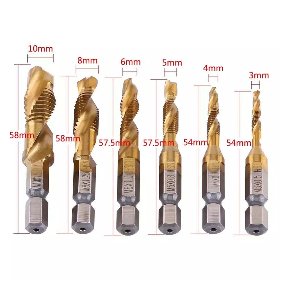 6Pcs M3-M10 Hex Shank Titanium Plated HSS Screw Thread Metric Tap Drill Bits Hand Tools
6Pcs M3-M10 Hex Shank Titanium Plated HSS Screw Thread Metric Tap Drill Bits Hand Tools