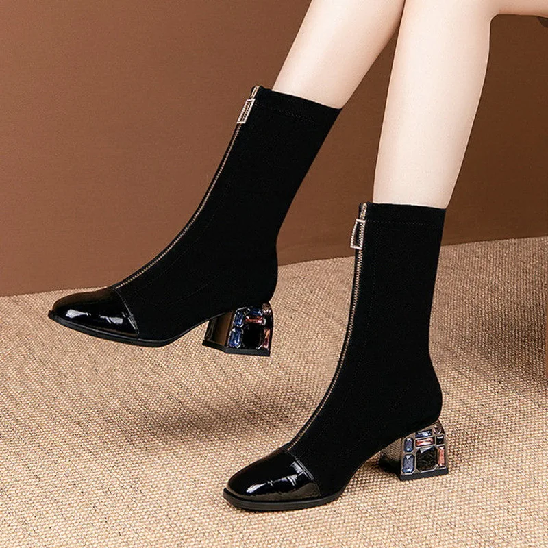 2020 Elastic Short Boots Woman Mid Calf Boots Rhinestone Heel Women Autumn Shoes Square toe Female Footware Front Zipper Black
2020 Elastic Short Boots Woman Mid Calf Boots Rhinestone Heel Women Autumn Shoes Square toe Female Footware Front Zipper Black