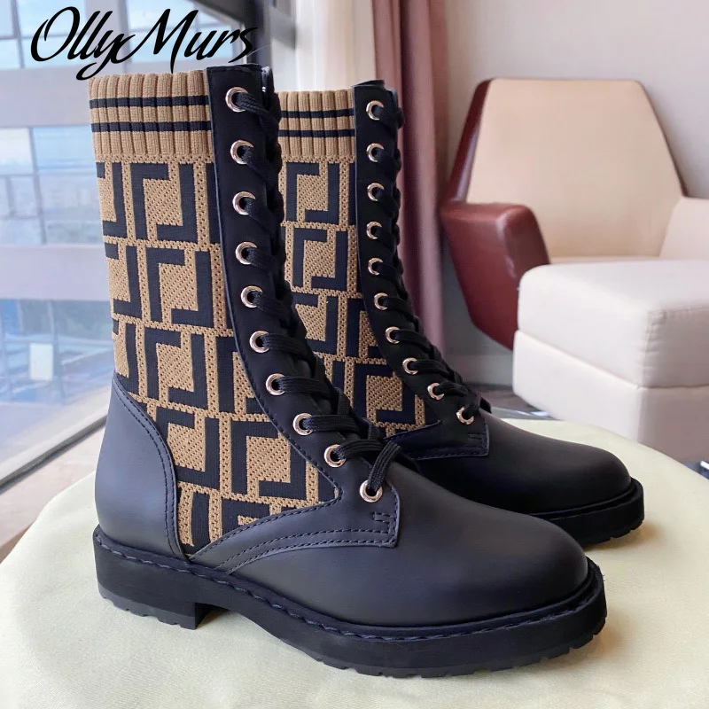 

Ollymurs Brown Knitted Sock-style Flats combat Boots leather Ankle Booties for Women Embossed Lace-up stretch fabric Shoes