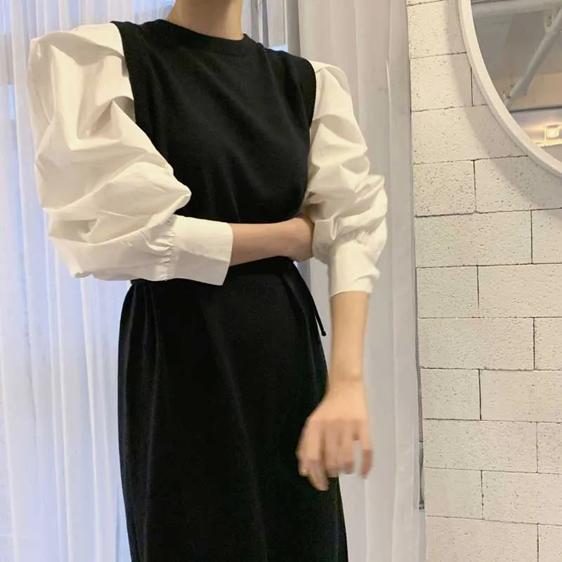 Korea Dress One-Piece Ladies Stitching Fake Two-Piece Tie Dresses 2020 Spring Autumn Women Long Sleeve Knitted Dress Long Dress 
Korea Dress One-Piece Ladies Stitching Fake Two-Piece Tie Dresses 2020 Spring Autumn Women Long Sleeve Knitted Dress Long Dress