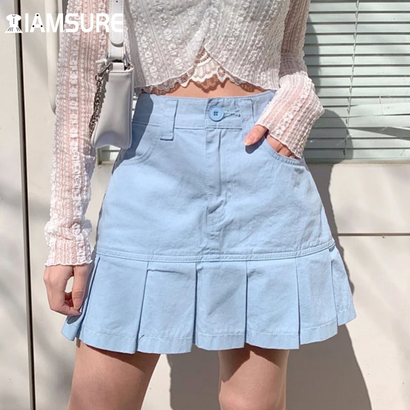 

IAMSURE Slim High Waisted Pleated Skirt Women 2021 Fahsion Casual Streetwear Preppy Style Patchwork Mini Skirts Girls Korean 90S
