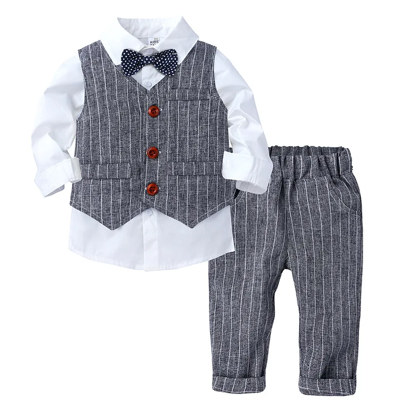 3 Pcs Set Baby Boy Dress Suit T Shirt Vest Pants Toddler Kids Boys Bow Tie Clothes Party Outfit Cotton Wedding Costume for 6M-4T |