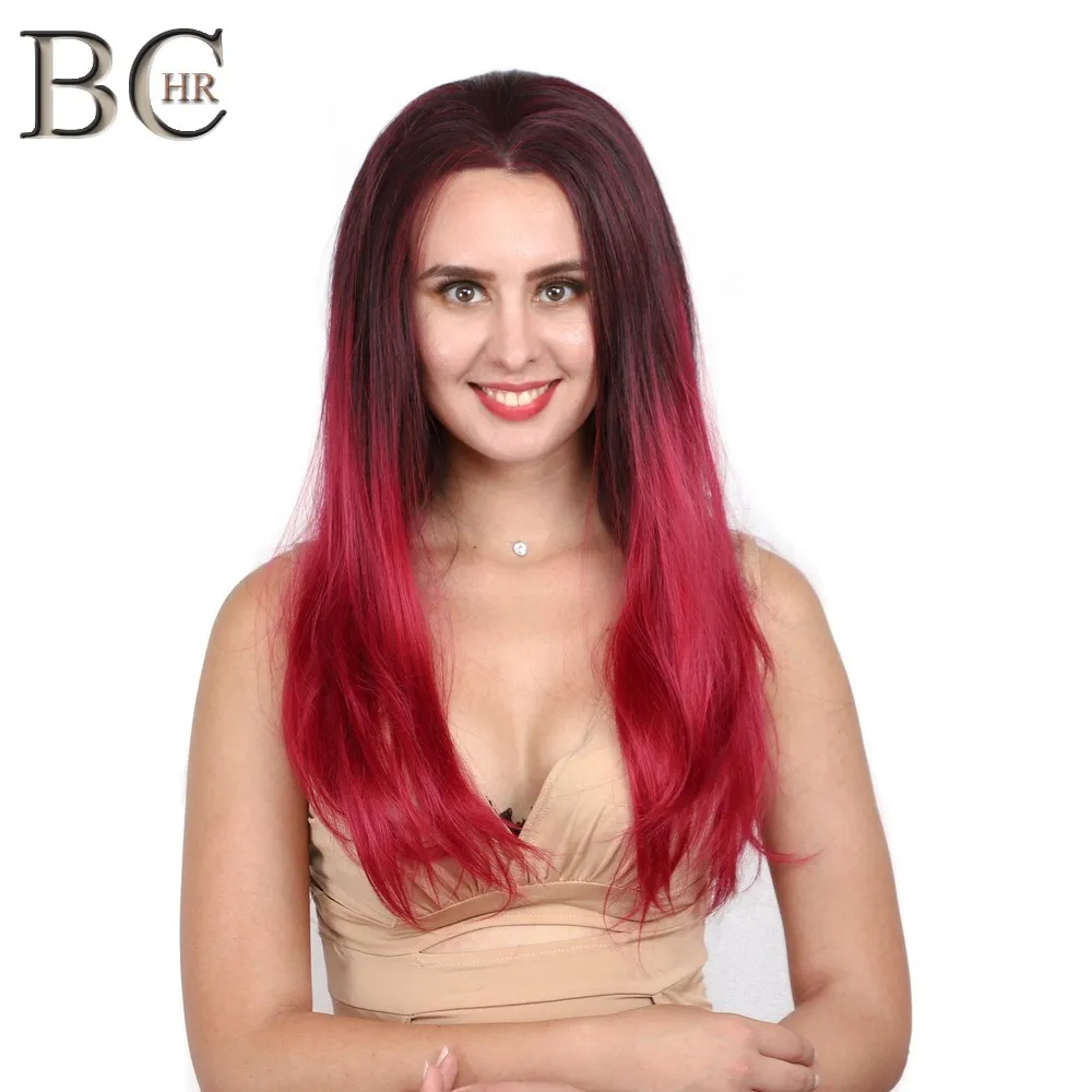 

BCHR Burgundy Red Straight Long Centre parting 13*4 Lace Front Wig for Women Ombre Black Wine Red Cosplay Wig