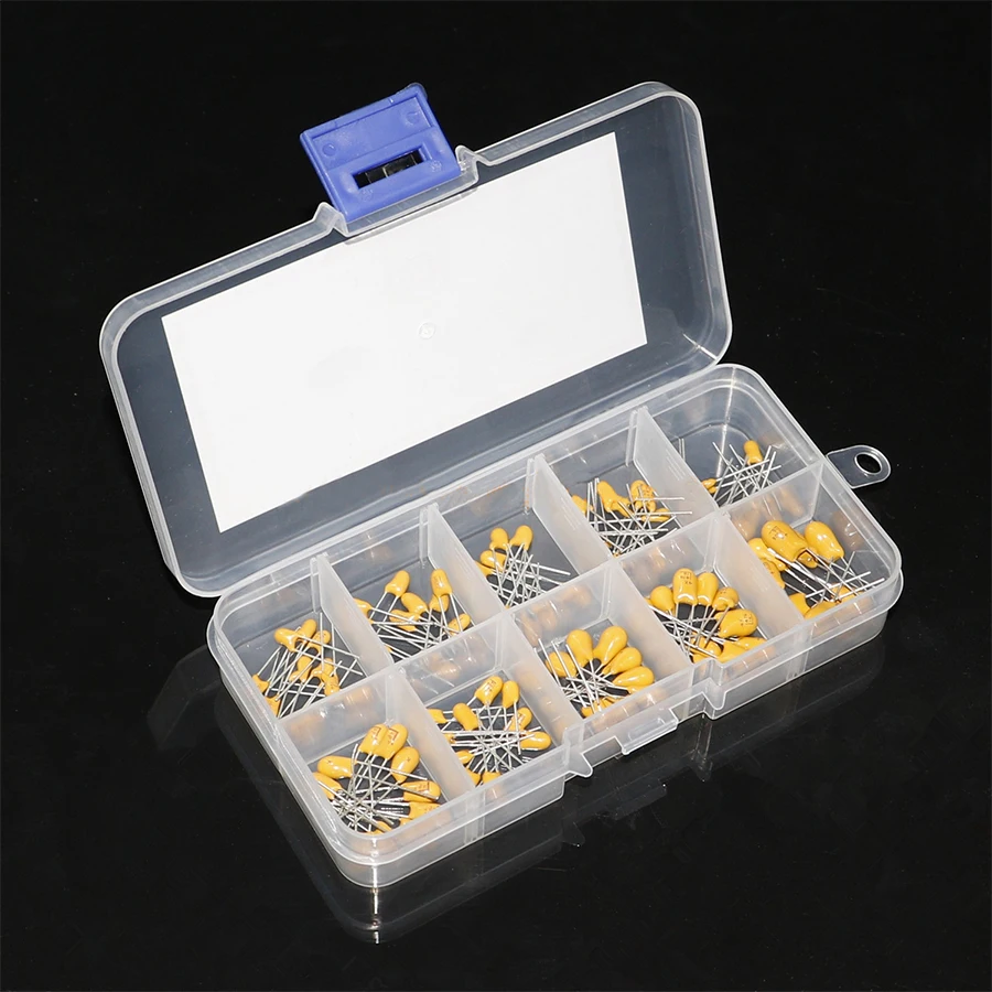 100Pcs/Lot 10Value 16V 1uf-100uf Tantalum Capacitor Assorted Kit 2.2UF 3.3UF 4.7UF 10UF 47UF with A Plastic Box Electronic Diy
100Pcs/Lot 10Value 16V 1uf-100uf Tantalum Capacitor Assorted Kit 2.2UF 3.3UF 4.7UF 10UF 47UF with A Plastic Box Electronic Diy