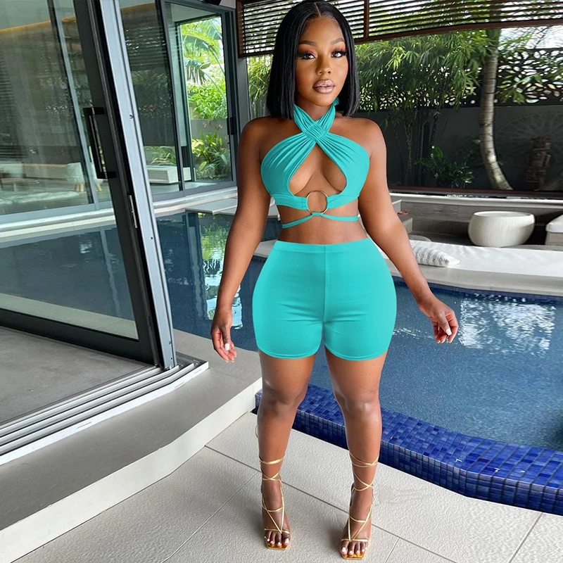 wsevypo Women Sexy Two-piece Shorts Set Summer Party Club Solid Color Suits Ring Cutout Halter Neck Crop Tops and Skinny Shorts
wsevypo Women Sexy Two-piece Shorts Set Summer Party Club Solid Color Suits Ring Cutout Halter Neck Crop Tops and Skinny Shorts