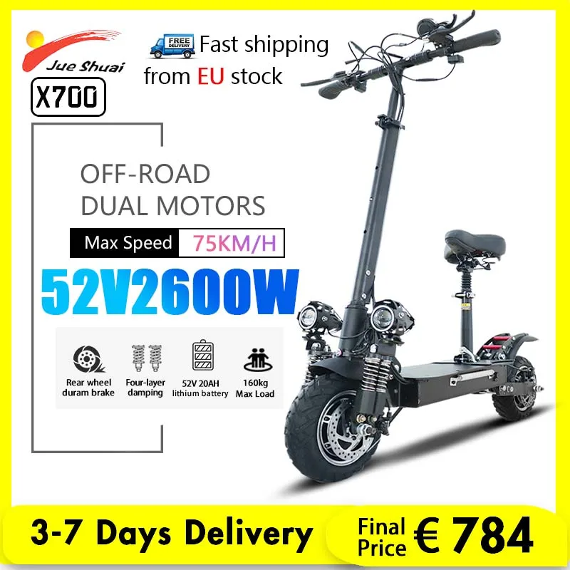 EU STOCK 52V 2600W Dual Motor Electric Scooters Adults 75KM/H Max Speed Folding E Scooter 20A Lithium Battery Patinete Élétrico
EU STOCK 52V 2600W Dual Motor Electric Scooters Adults 75KM/H Max Speed Folding E Scooter 20A Lithium Battery Patinete Élétrico