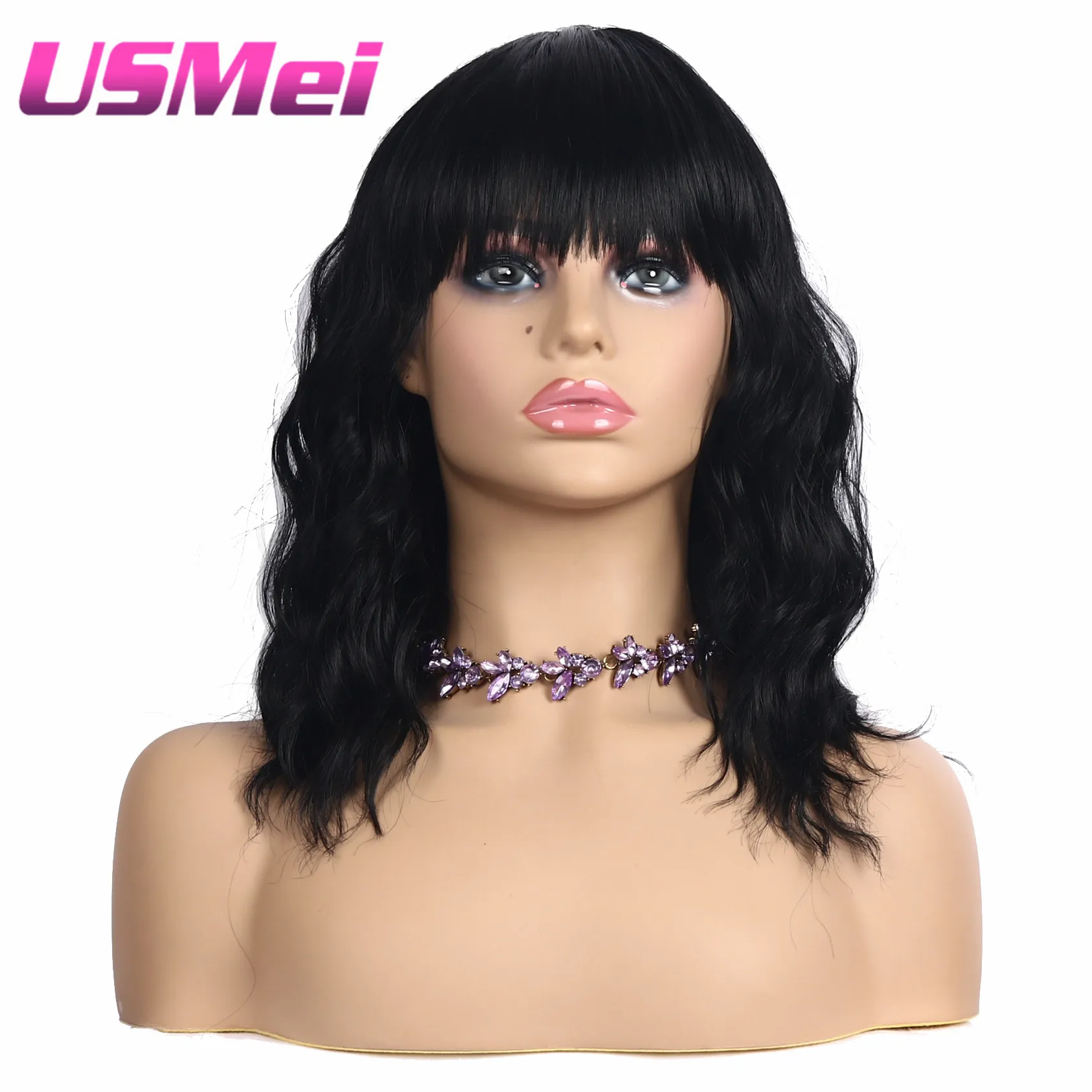 

USMEI Synthetic balck Wig With Bangs 14 inches Short Curly Hair Womens Wigs Charming Natural Wavy Hair Wigs