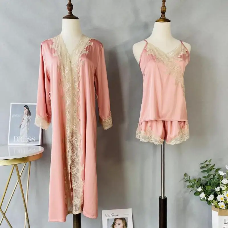 Sexy Pajamas Three Piece Set Women Pink Silk Rayon Bathrobe Nightwear Spring Summer Loose Casual Sleepwear Pyjama Pour Femme 
Sexy Pajamas Three Piece Set Women Pink Silk Rayon Bathrobe Nightwear Spring Summer Loose Casual Sleepwear Pyjama Pour Femme