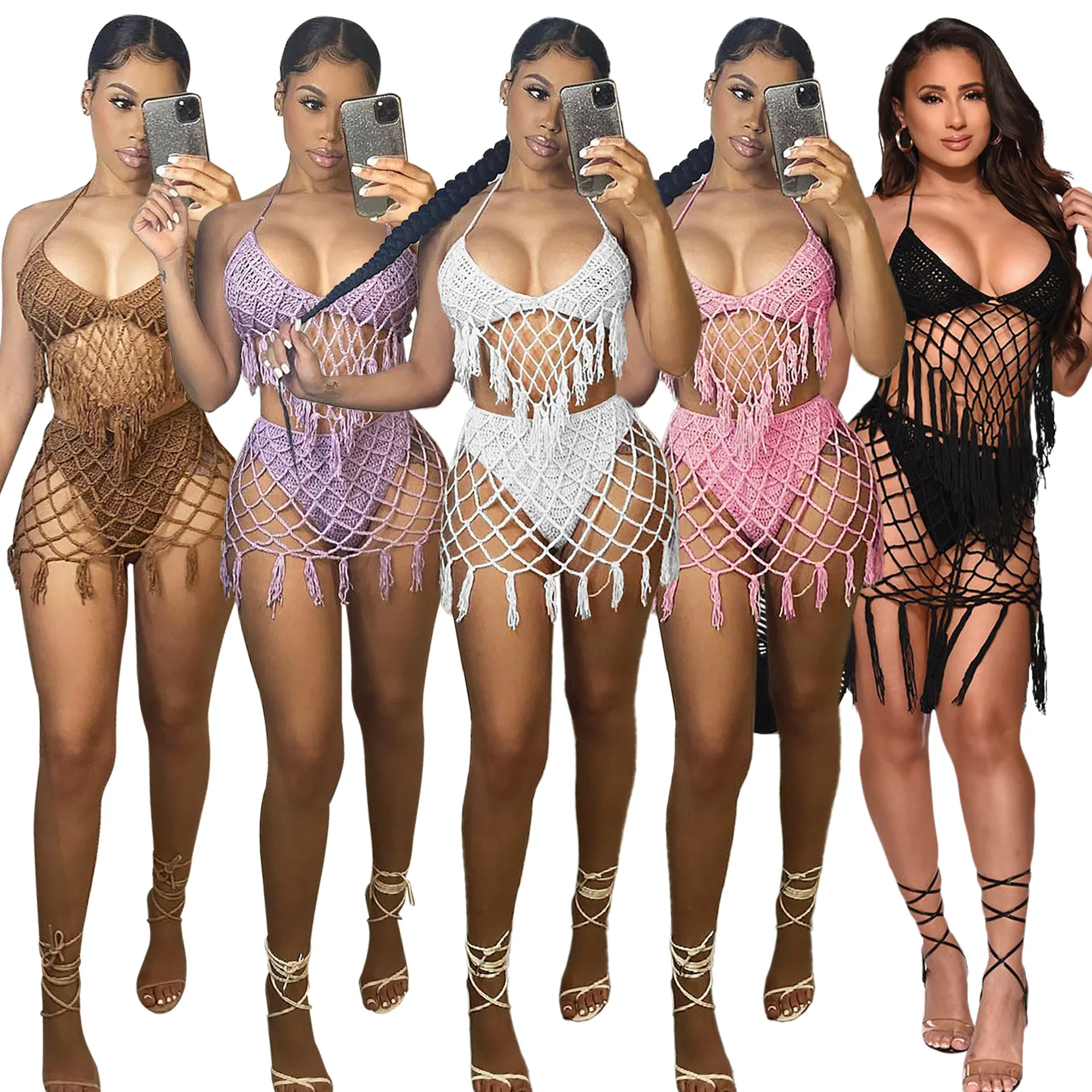 

Sexy Knitted Hollow Out Tassel Two Piece Bikinis for Women Halter Bra Fishnet Thong Swimming Beach Style Outfits Swimsuits 2021