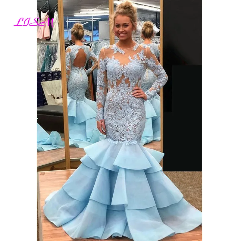Long Sleeves Mermaid Evening Dresses Sheer O-Neck Lace Backless Prom Dress Light Sky Blue Evening Gowns Formal Dress
Long Sleeves Mermaid Evening Dresses Sheer O-Neck Lace Backless Prom Dress Light Sky Blue Evening Gowns Formal Dress