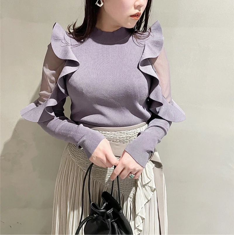 2021 Spring New O Neck Pullover Long Sleeve Knit Sweater Women Ruffles Patchwork Slim Fit Pull Femme Sueter Mujer 
2021 Spring New O Neck Pullover Long Sleeve Knit Sweater Women Ruffles Patchwork Slim Fit Pull Femme Sueter Mujer