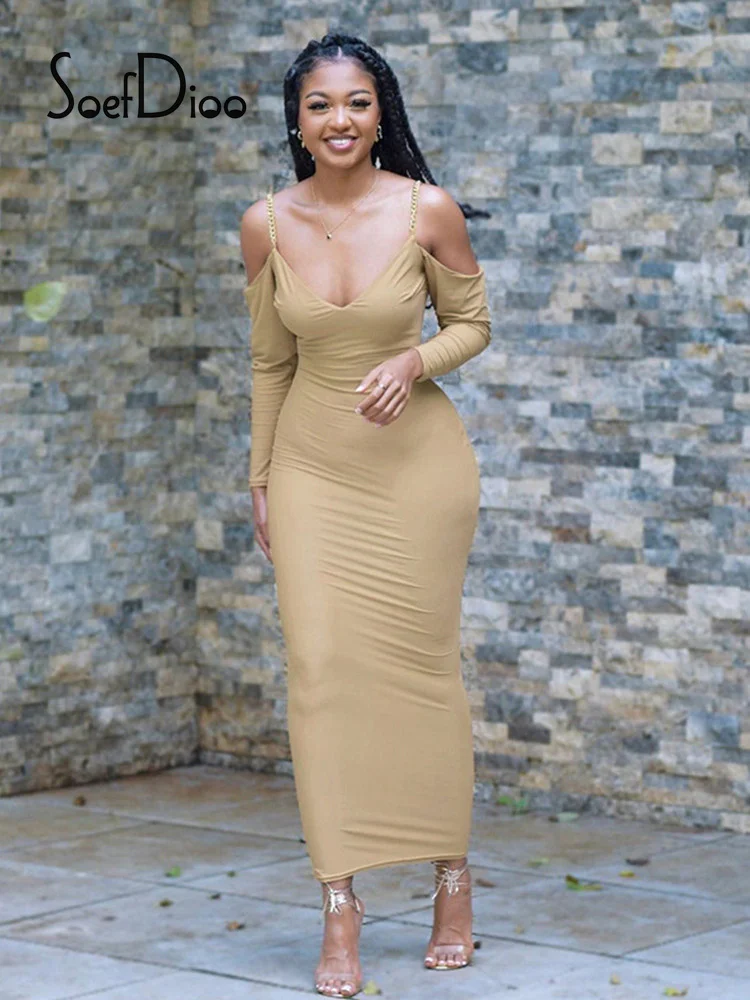 Soefdioo Khaki Chain Patchwork Long Sleeve Off Shoulder Dress Sexy Backless Bodycon Maxi Dresses for Women Fashion Streetwear
Soefdioo Khaki Chain Patchwork Long Sleeve Off Shoulder Dress Sexy Backless Bodycon Maxi Dresses for Women Fashion Streetwear