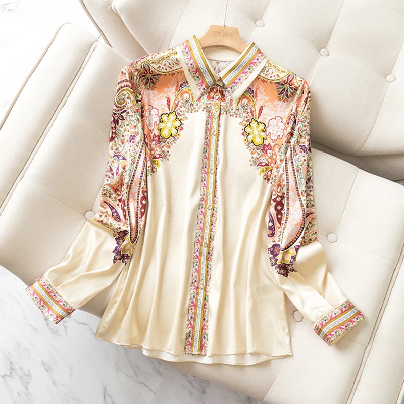 Real Silk Women Vintage Print Shirt Elegant Fashion Turn-down Collar Long Sleeve Office Lady Natural Silk Satin Blouse Casual
Real Silk Women Vintage Print Shirt Elegant Fashion Turn-down Collar Long Sleeve Office Lady Natural Silk Satin Blouse Casual
