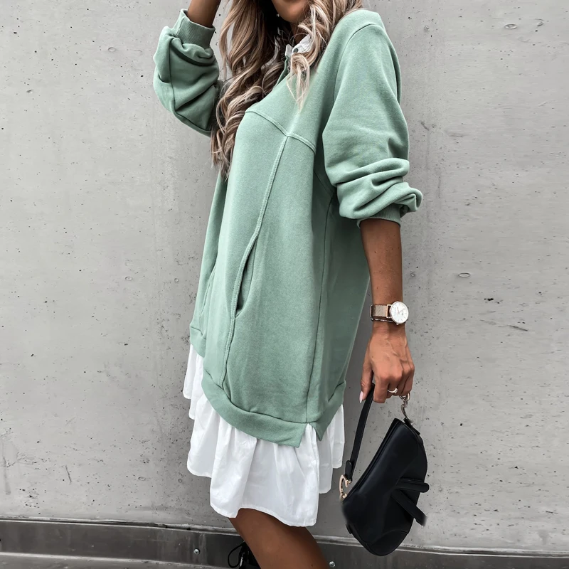 New Women Patchwork Turndown Collar Loose Casual Mini Dress Long Sleeve Pullover Sweatshirt Autumn Winter Pocket Matching Button 
New Women Patchwork Turndown Collar Loose Casual Mini Dress Long Sleeve Pullover Sweatshirt Autumn Winter Pocket Matching Button